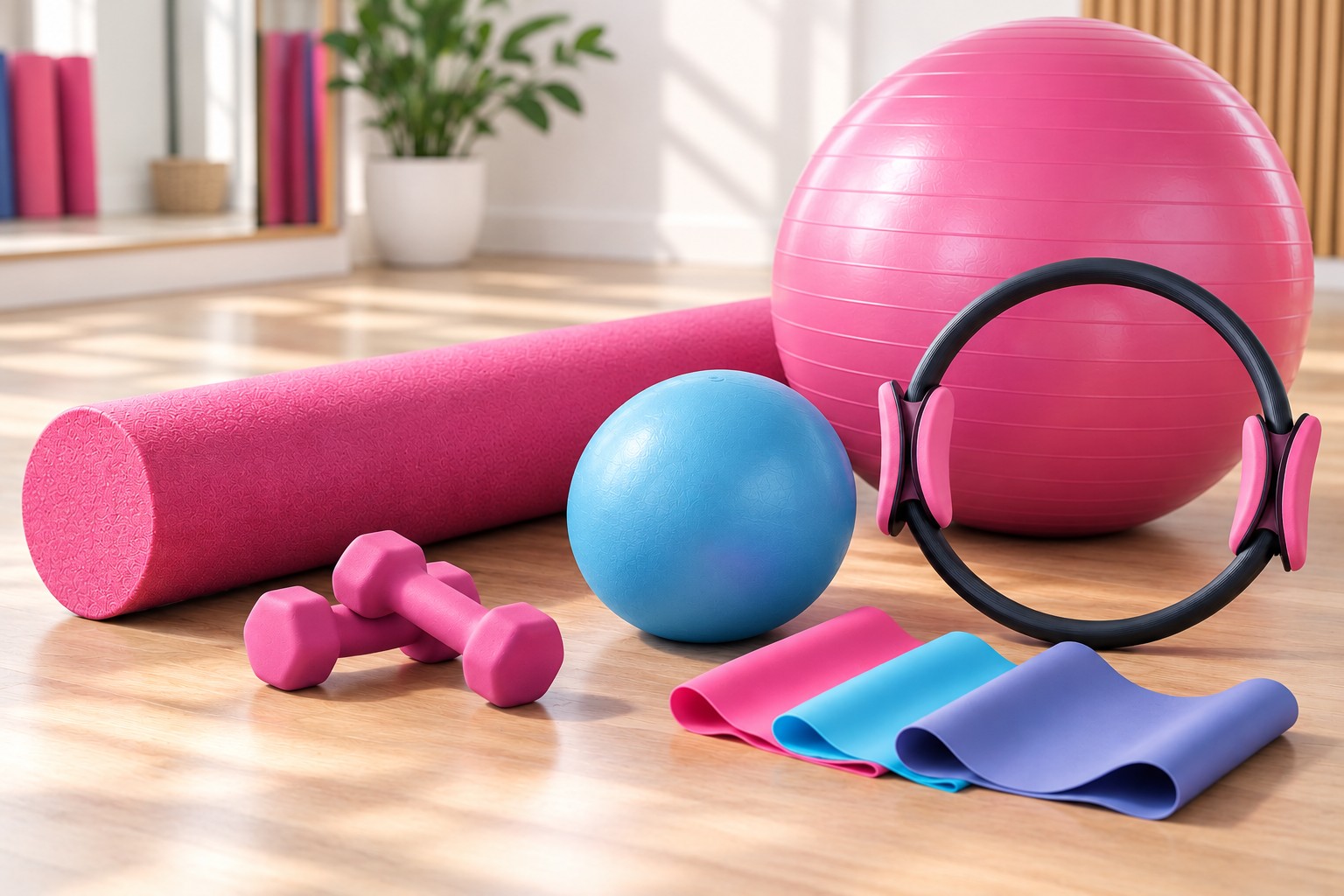 Small Pilates equipment arranged on a wooden studio floor: a pink Swiss ball, a Pilates circle with pink padded handles, a pink foam roller, two pink hand weights, a small blue ball and folded pink, blue and lilac resistance bands