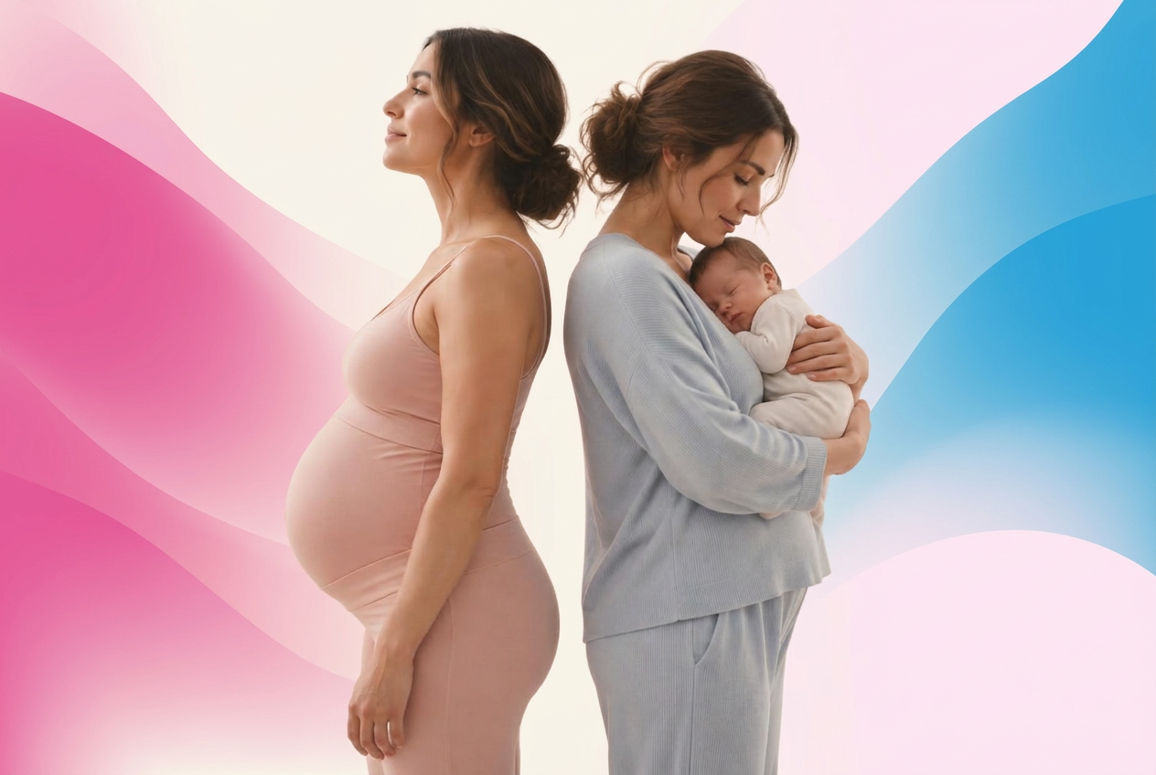 A pregnant woman and a new mother holding her newborn baby, standing back to back against a soft abstract background of cream, pink and blue gradients